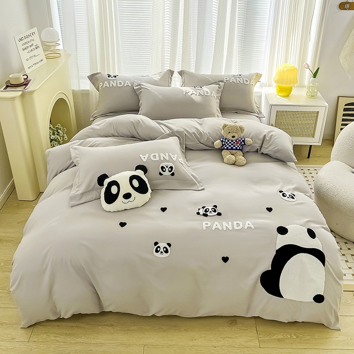 91家纺网 家纺一手货源 找家纺 娜娜 2023新款韩版毛巾绣四件套-熊猫 熊猫嘟嘟-灰