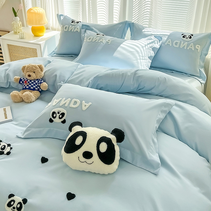 91家纺网 家纺一手货源 找家纺 娜娜 2023新款韩版毛巾绣四件套-熊猫 熊猫嘟嘟-天空蓝