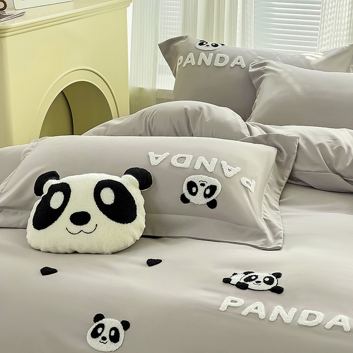 91家纺网 家纺一手货源 找家纺 娜娜 2023新款韩版毛巾绣四件套-熊猫 熊猫嘟嘟-灰