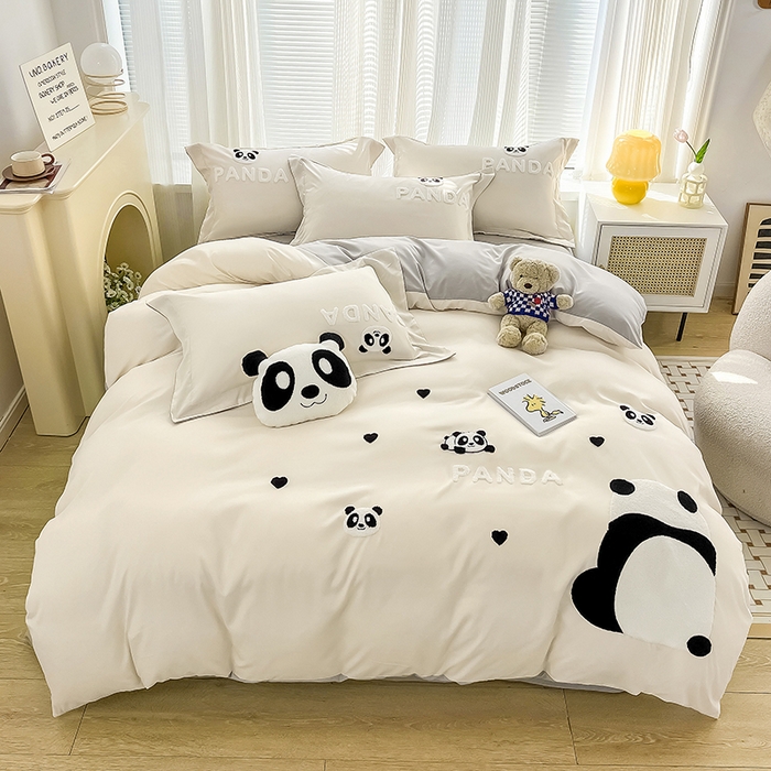 91家纺网 家纺一手货源 找家纺 娜娜 2023新款韩版毛巾绣四件套-熊猫 熊猫嘟嘟-白灰