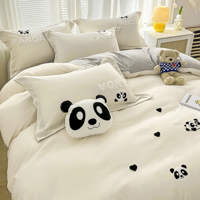 91家纺网 家纺一手货源 找家纺 娜娜 2023新款韩版毛巾绣四件套-熊猫 熊猫嘟嘟-白灰