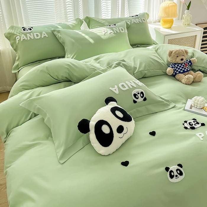 91家纺网 家纺一手货源 找家纺 娜娜 2023新款韩版毛巾绣四件套-熊猫 熊猫嘟嘟-绿