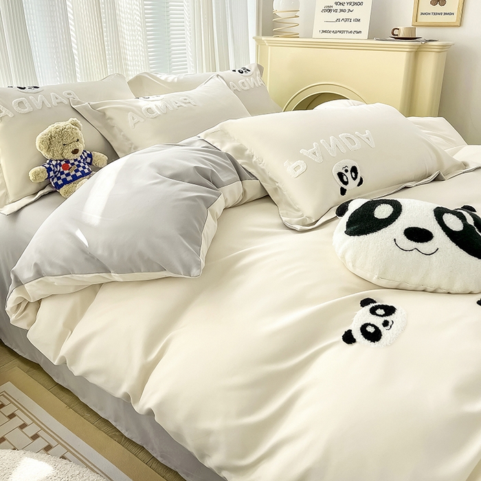 91家纺网 家纺一手货源 找家纺 娜娜 2023新款韩版毛巾绣四件套-熊猫 熊猫嘟嘟-白灰