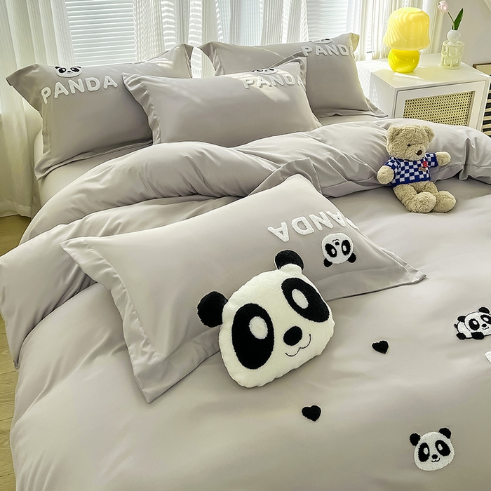 91家纺网 家纺一手货源 找家纺 娜娜 2023新款韩版毛巾绣四件套-熊猫 熊猫嘟嘟-灰