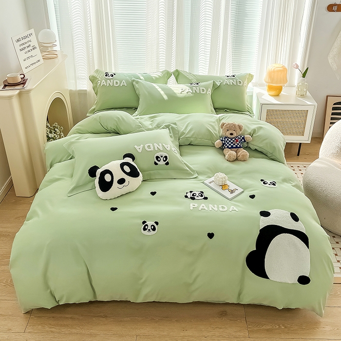 91家纺网 家纺一手货源 找家纺 娜娜 2023新款韩版毛巾绣四件套-熊猫 熊猫嘟嘟-绿