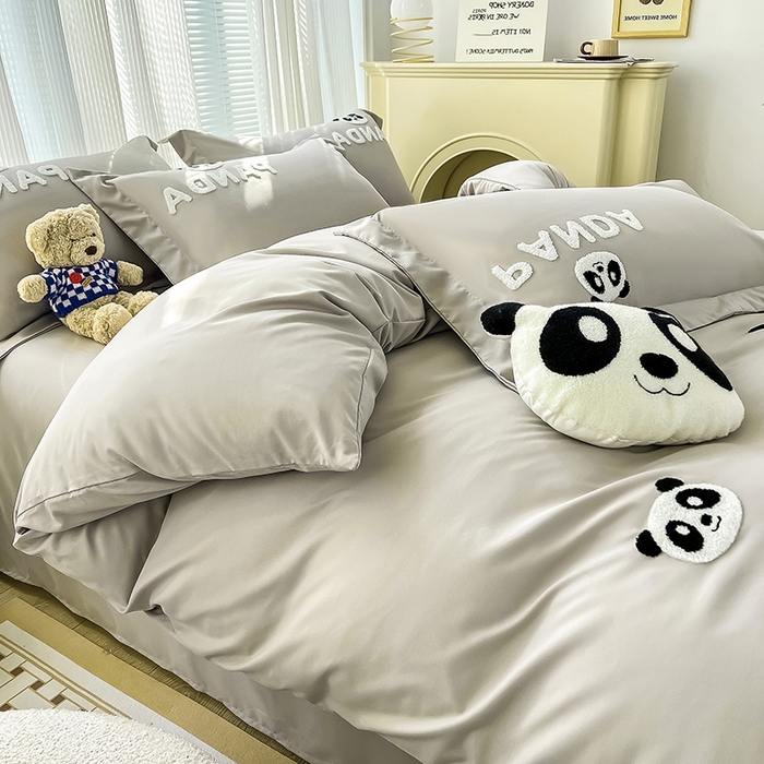 91家纺网 家纺一手货源 找家纺 娜娜 2023新款韩版毛巾绣四件套-熊猫 熊猫嘟嘟-灰
