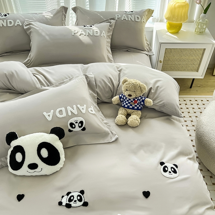 91家纺网 家纺一手货源 找家纺 娜娜 2023新款韩版毛巾绣四件套-熊猫 熊猫嘟嘟-灰
