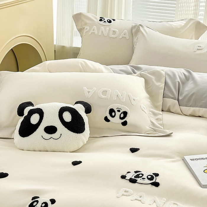 91家纺网 家纺一手货源 找家纺 娜娜 2023新款韩版毛巾绣四件套-熊猫 熊猫嘟嘟-白灰