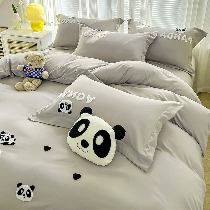 91家纺网 家纺一手货源 找家纺 娜娜 2023新款韩版毛巾绣四件套-熊猫 熊猫嘟嘟-灰