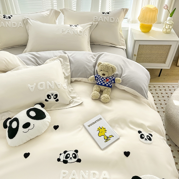 91家纺网 家纺一手货源 找家纺 娜娜 2023新款韩版毛巾绣四件套-熊猫 熊猫嘟嘟-白灰