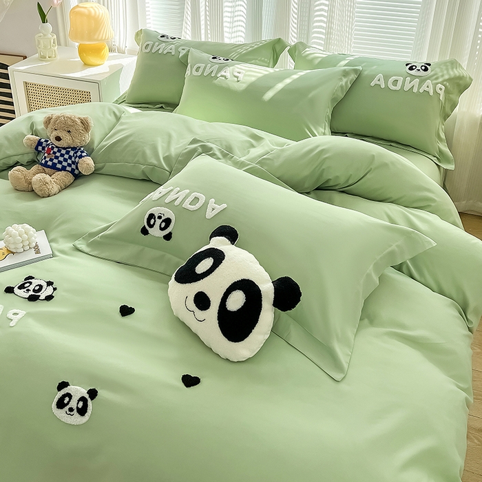 91家纺网 家纺一手货源 找家纺 娜娜 2023新款韩版毛巾绣四件套-熊猫 熊猫嘟嘟-绿