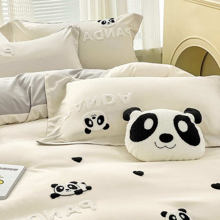 91家纺网 家纺一手货源 找家纺 娜娜 2023新款韩版毛巾绣四件套-熊猫 熊猫嘟嘟-白灰