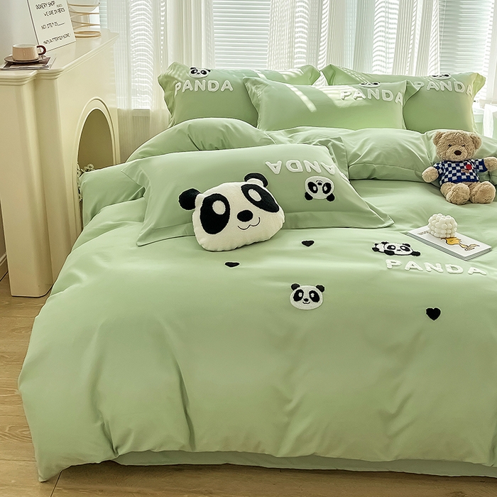 91家纺网 家纺一手货源 找家纺 娜娜 2023新款韩版毛巾绣四件套-熊猫 熊猫嘟嘟-绿