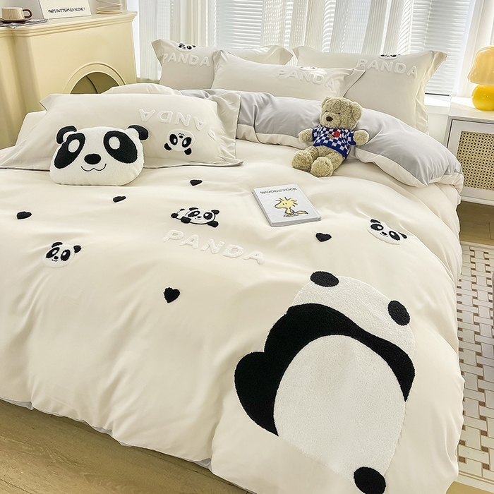 91家纺网 家纺一手货源 找家纺 娜娜 2023新款韩版毛巾绣四件套-熊猫 熊猫嘟嘟-白灰