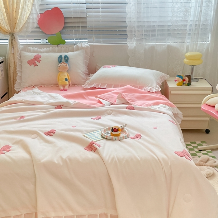 91家纺网 家纺一手货源 找家纺 2023新款夏被四件套 蝴蝶结-白