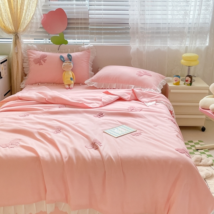 91家纺网 家纺一手货源 找家纺 2023新款夏被四件套 蝴蝶结-粉