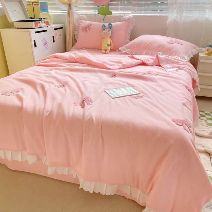 91家纺网 家纺一手货源 找家纺 2023新款夏被四件套 蝴蝶结-粉