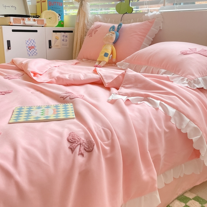 91家纺网 家纺一手货源 找家纺 2023新款夏被四件套 蝴蝶结-粉
