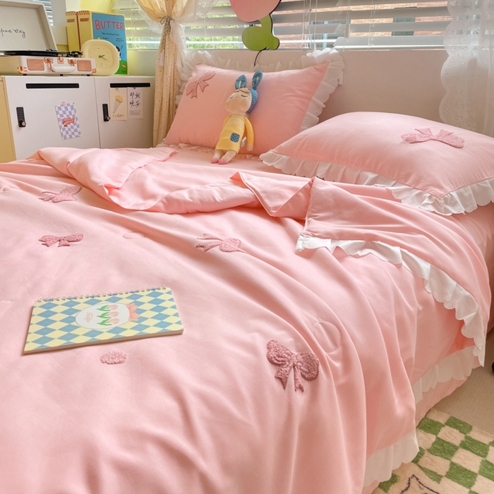 91家纺网 家纺一手货源 找家纺 2023新款夏被四件套 蝴蝶结-粉
