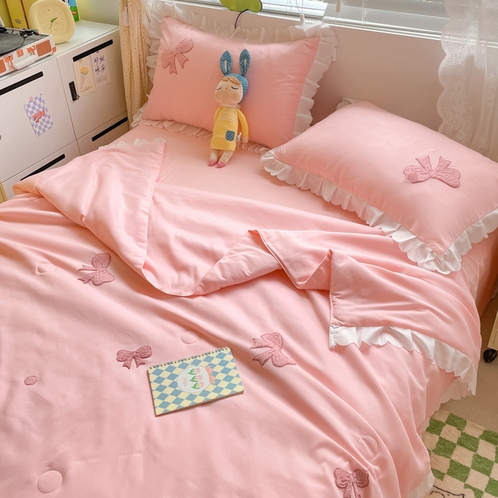 91家纺网 家纺一手货源 找家纺 2023新款夏被四件套 蝴蝶结-粉