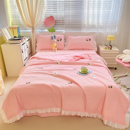2023新款夏被四件套 花花白兔-粉