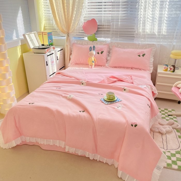 91家纺网 家纺一手货源 找家纺 2023新款夏被四件套 花花白兔-粉