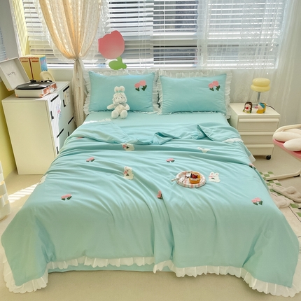 2023新款夏被四件套 花花白兔-蓝
