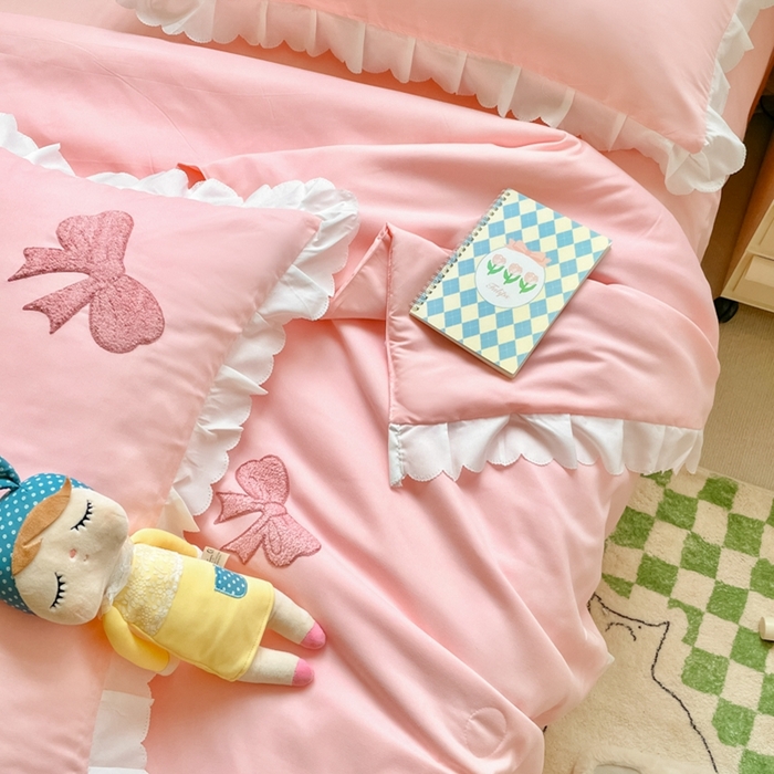 91家纺网 家纺一手货源 找家纺 2023新款夏被四件套 蝴蝶结-粉