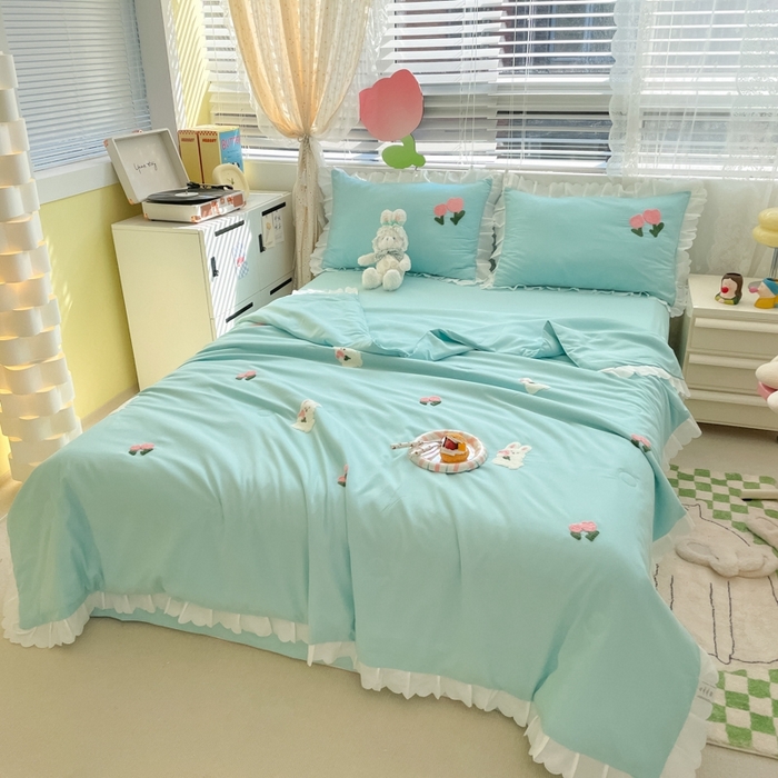 91家纺网 家纺一手货源 找家纺 2023新款夏被四件套 花花白兔-蓝