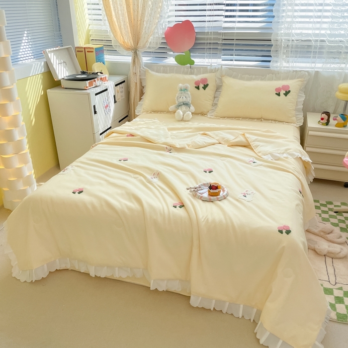 91家纺网 家纺一手货源 找家纺 2023新款夏被四件套 花花白兔-黄