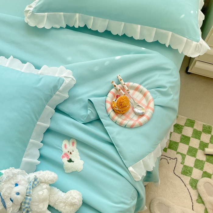 91家纺网 家纺一手货源 找家纺 2023新款夏被四件套 花花白兔-蓝