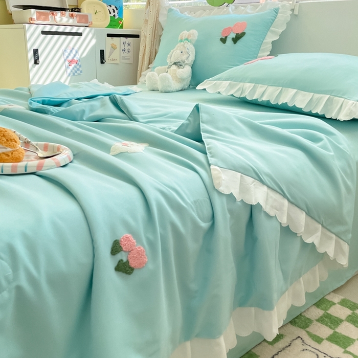 91家纺网 家纺一手货源 找家纺 2023新款夏被四件套 花花白兔-蓝