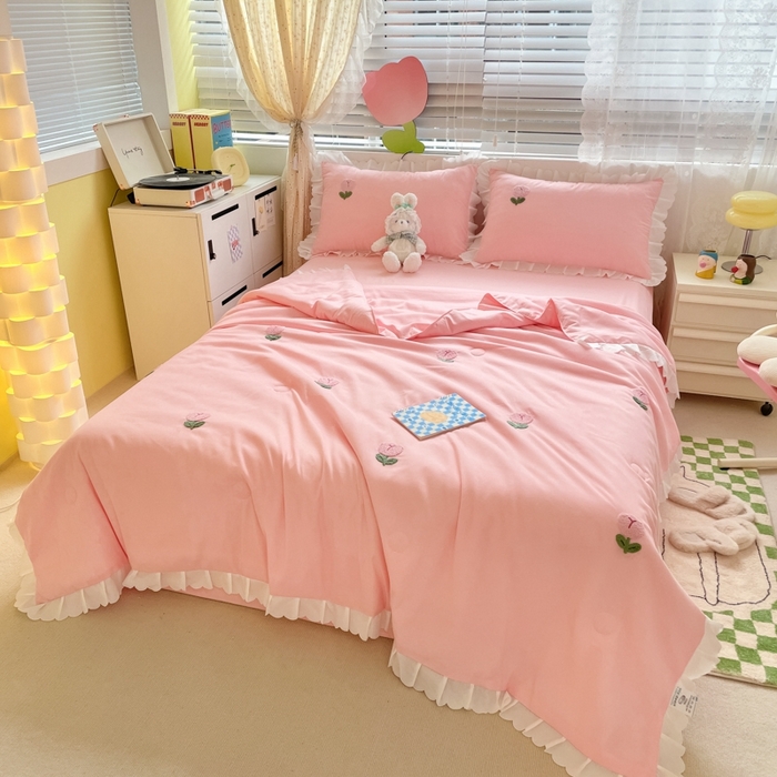 91家纺网 家纺一手货源 找家纺 2023新款夏被四件套 郁金香-粉