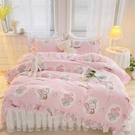 91家纺网 家纺一手货源 找家纺 菊上2023新款全棉-法式风蕾丝床裙四件套 9.小桃兔 