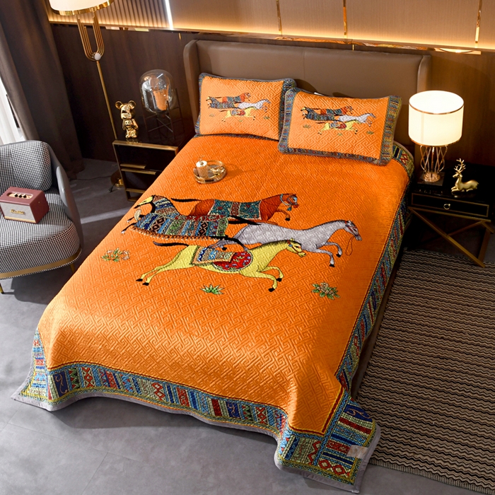 91家纺网 家纺一手货源 找家纺 爵仕家纺 2025新款高端加厚数码印花宝宝绒床盖三件套四季可用 群马黄