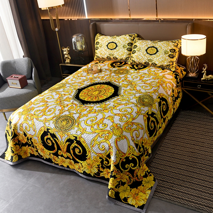 91家纺网 家纺一手货源 找家纺 爵仕家纺 2025新款高端加厚数码印花宝宝绒床盖三件套四季可用 金色盛典