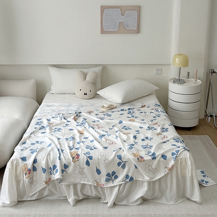 91家纺网 家纺一手货源 找家纺 麻依 2023新款竹纤维印花款毛巾被冷感毯子夏凉被盖毯 蓝叶熊