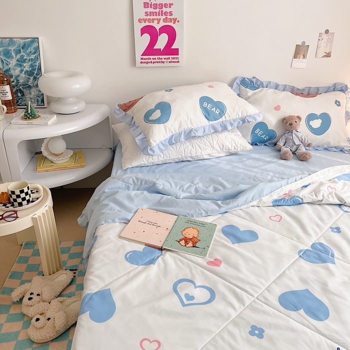 91家纺网 家纺一手货源 找家纺 顾里 2023新款韩系ins夏被套件 涂鸦蓝心