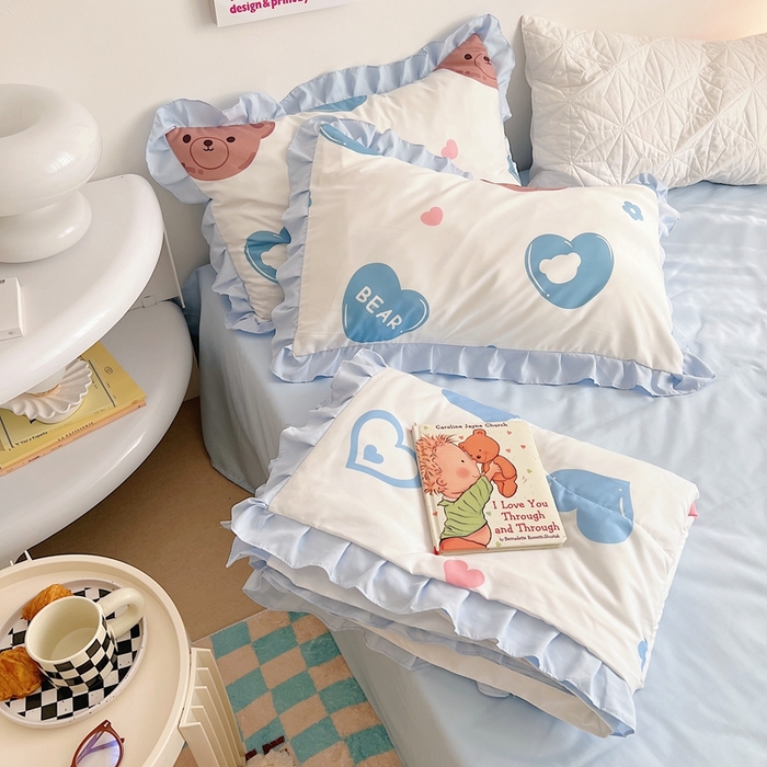 91家纺网 家纺一手货源 找家纺 顾里 2023新款韩系ins夏被套件 涂鸦蓝心