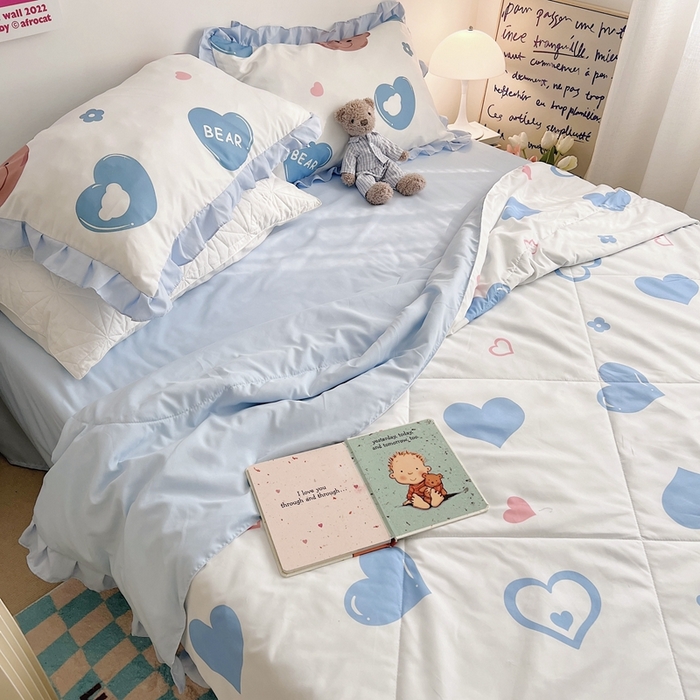 91家纺网 家纺一手货源 找家纺 顾里 2023新款韩系ins夏被套件 涂鸦蓝心