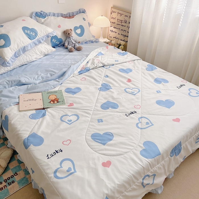 91家纺网 家纺一手货源 找家纺 顾里 2023新款韩系ins夏被套件 涂鸦蓝心