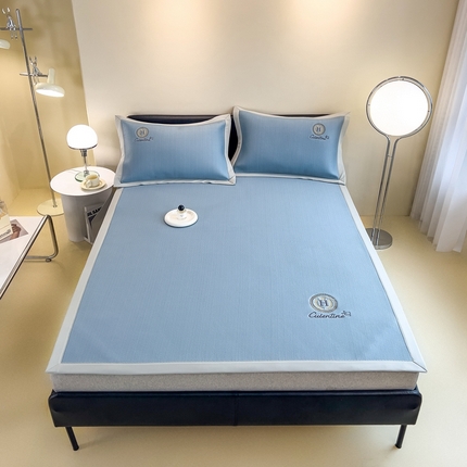 凉感丝床席点点刺绣三件套 床席 点点绣花 蓝