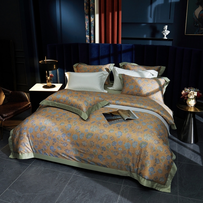 91家纺网 家纺一手货源 找家纺 缔缦  2023新款100s长绒棉数码印花拼角款四件套系列-斯佩罗 斯佩罗 琥珀黄