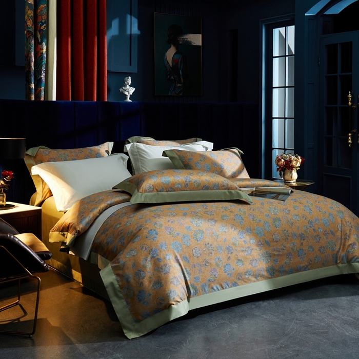 91家纺网 家纺一手货源 找家纺 缔缦  2023新款100s长绒棉数码印花拼角款四件套系列-斯佩罗 斯佩罗 琥珀黄