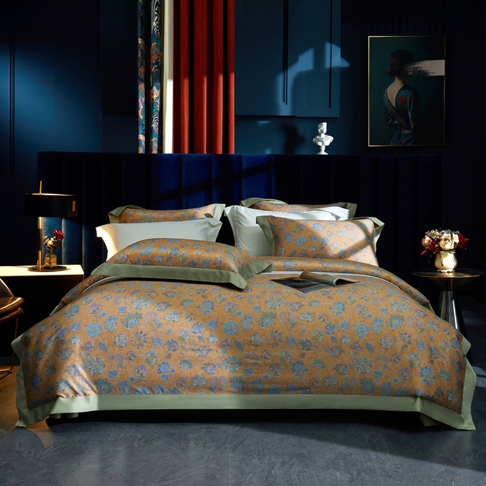 91家纺网 家纺一手货源 找家纺 缔缦  2023新款100s长绒棉数码印花拼角款四件套系列-斯佩罗 斯佩罗 琥珀黄