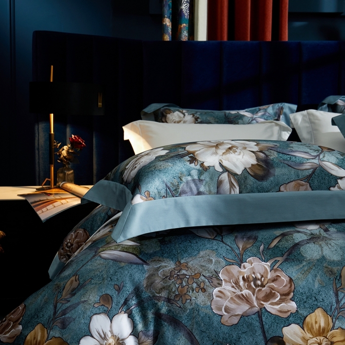 91家纺网 家纺一手货源 找家纺 （总）缔缦  2023新款100s长绒棉数码印花拼角款四件套系列-伊鲁特花园