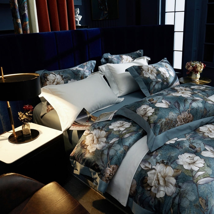 91家纺网 家纺一手货源 找家纺 （总）缔缦  2023新款100s长绒棉数码印花拼角款四件套系列-伊鲁特花园