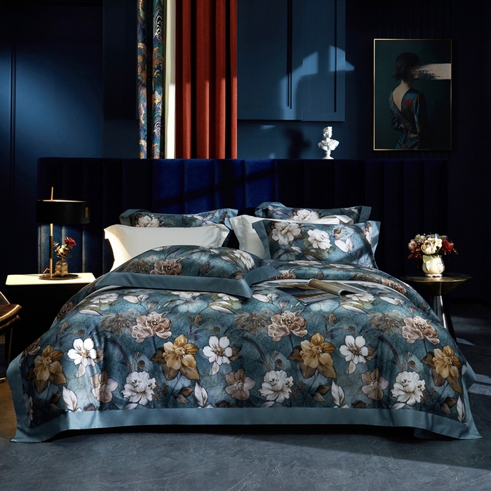 91家纺网 家纺一手货源 找家纺 缔缦  2023新款100s长绒棉数码印花拼角款四件套系列-伊鲁特花园 伊鲁特花园 石墨蓝