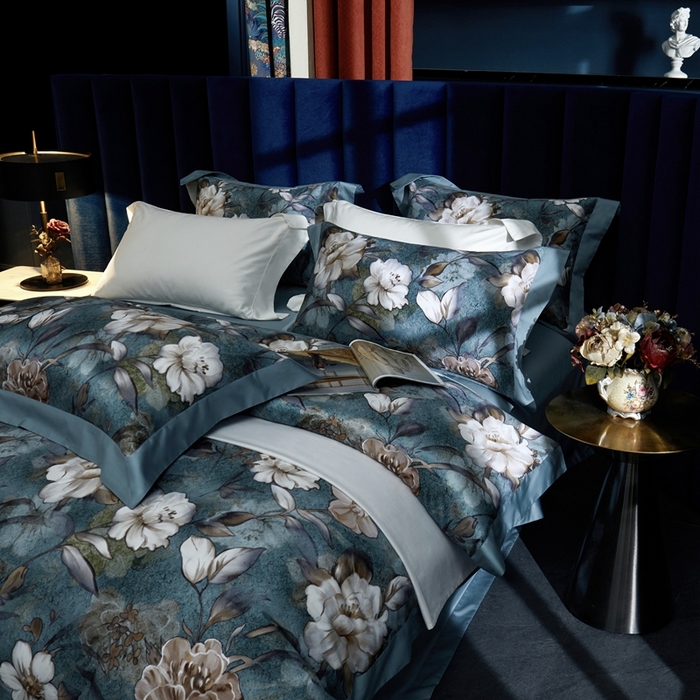 91家纺网 家纺一手货源 找家纺 （总）缔缦  2023新款100s长绒棉数码印花拼角款四件套系列-伊鲁特花园