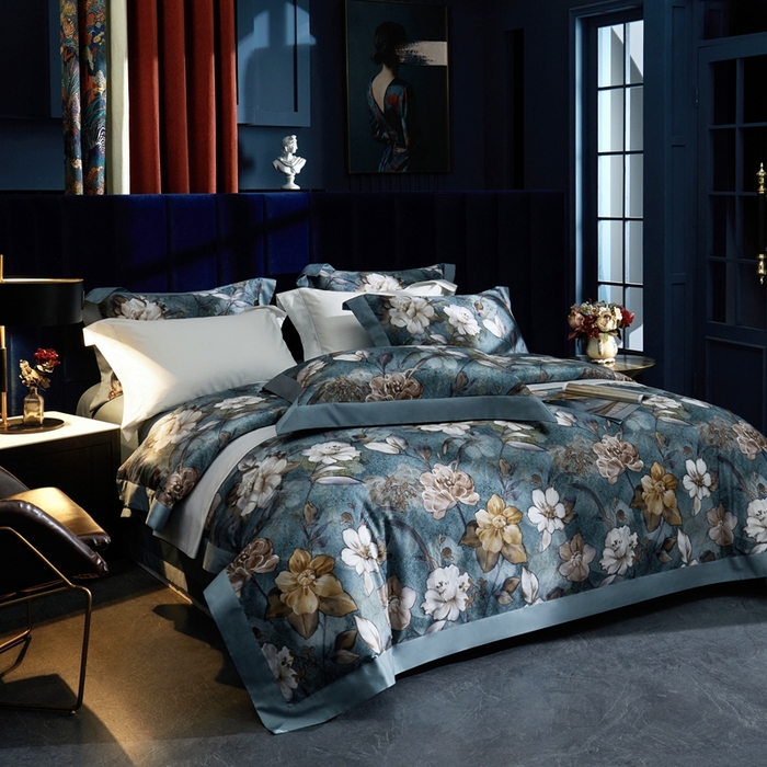 91家纺网 家纺一手货源 找家纺 缔缦  2023新款100s长绒棉数码印花拼角款四件套系列-伊鲁特花园 伊鲁特花园 石墨蓝